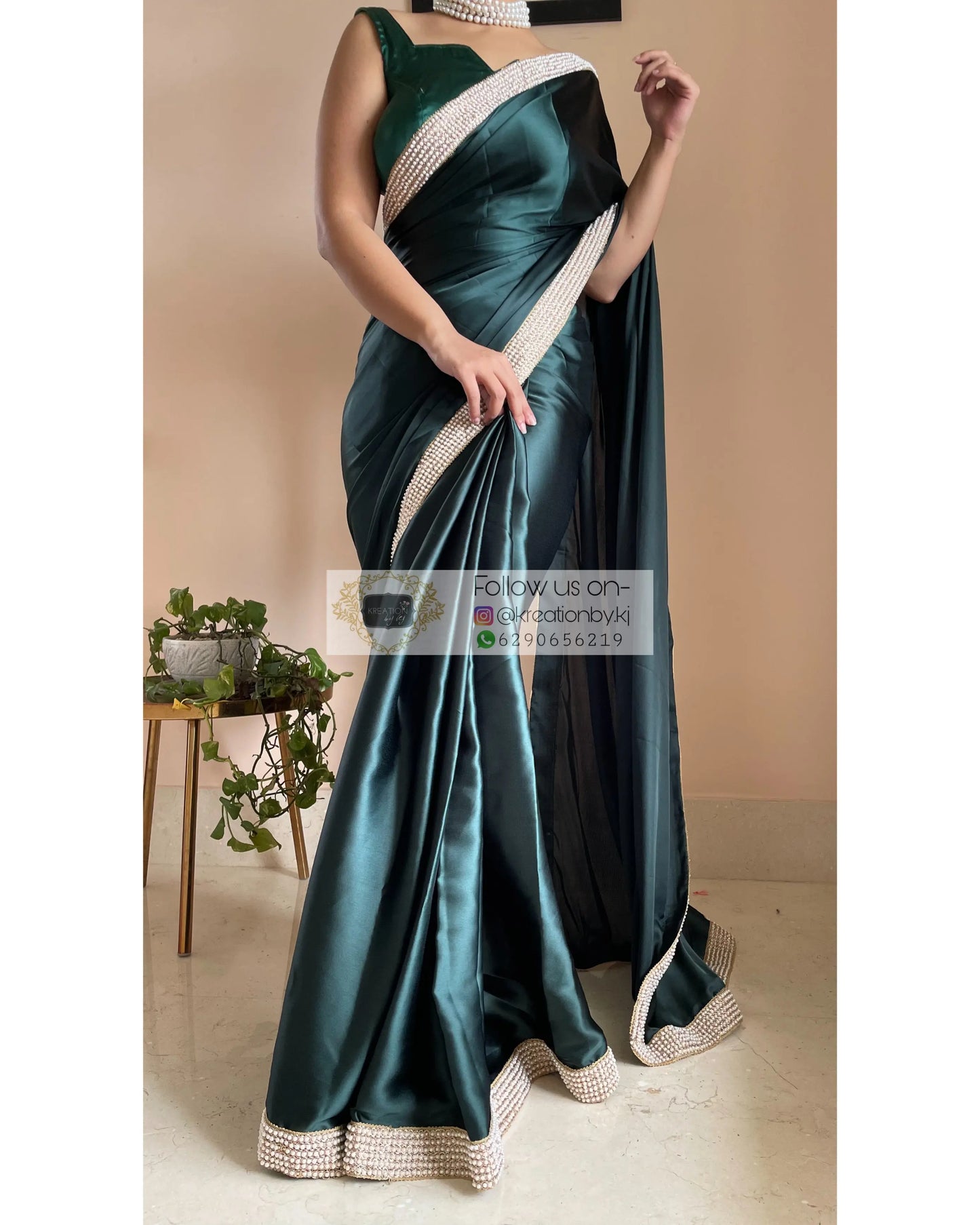 Dark Blackish Green Mother Of Pearl Saree - kreationbykj