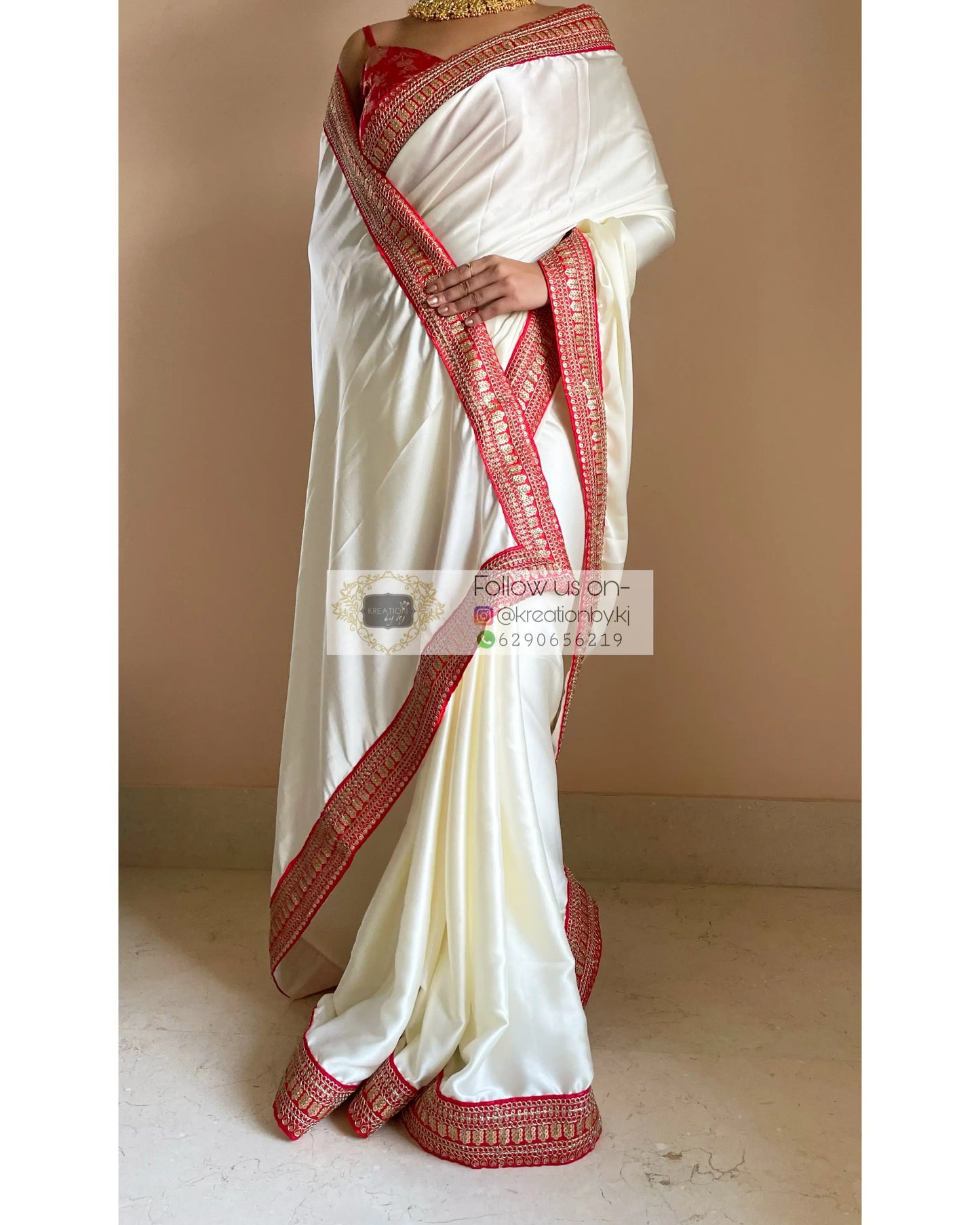 Cream Satin Saree with Red Border - kreationbykj
