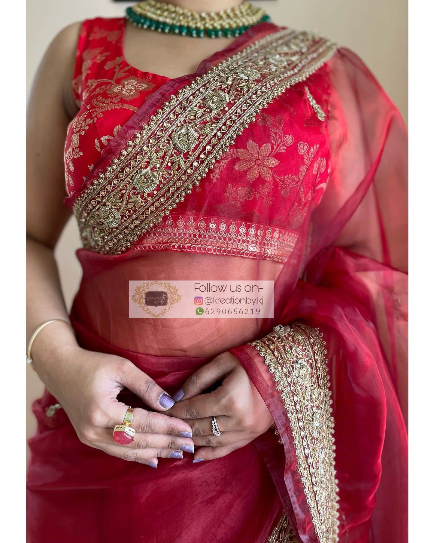 Red Glass Tissue Zarina Saree - kreationbykj
