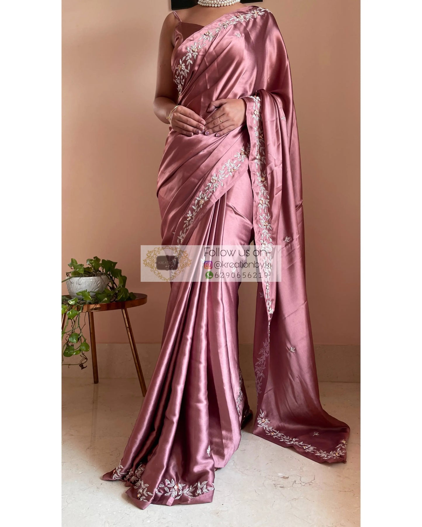 Rose Gold Satin Silk Chandani Saree - kreationbykj