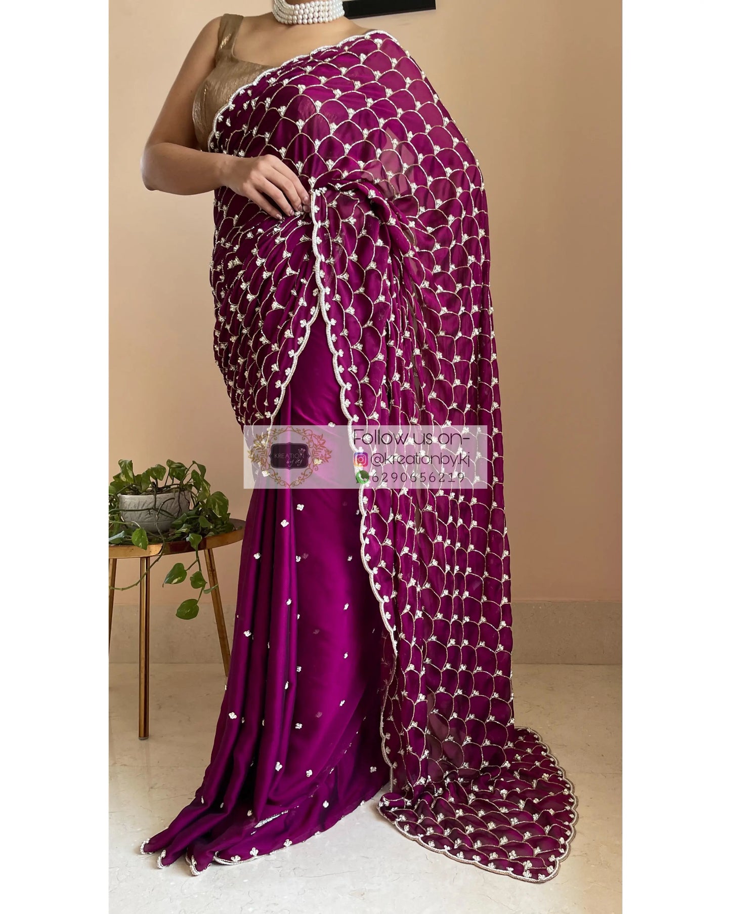 Wine Georgette Cutdana Mehraab Jaal Saree - kreationbykj