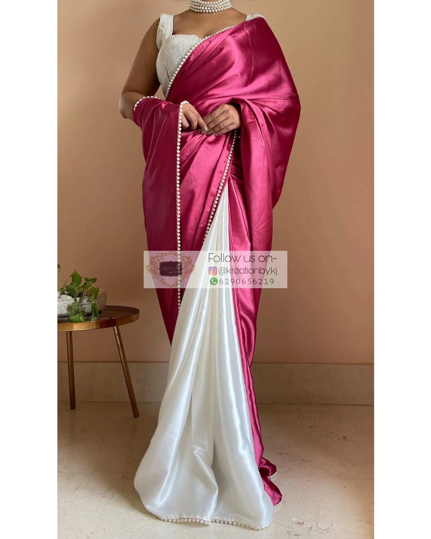 Pink Carnations Two in One Satin Saree - kreationbykj