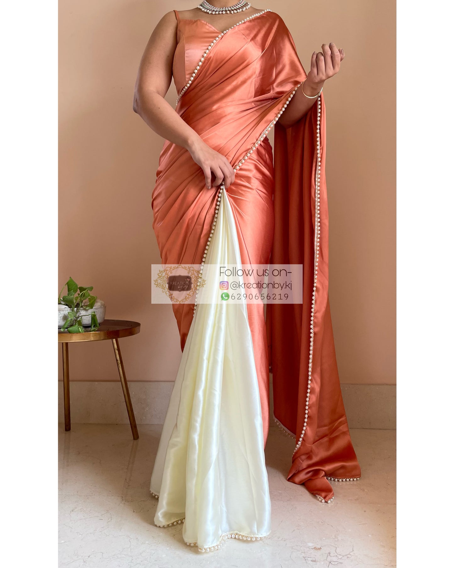 Peach Milk Two in One Satin Saree - kreationbykj