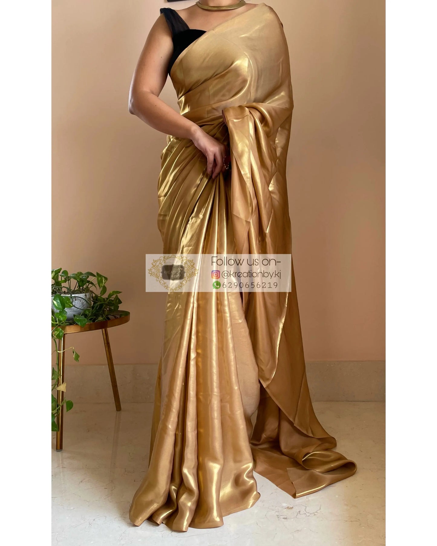 Molten Gold Shimmer Satin Saree - kreationbykj