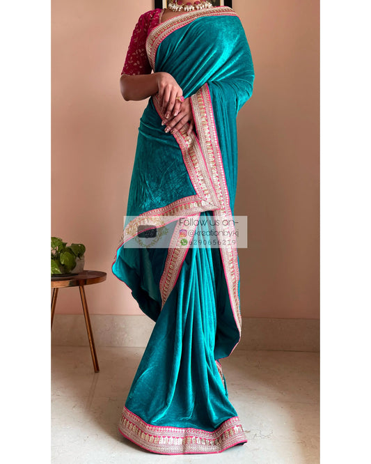 Sea Green Velvet Saree with Pink Border - kreationbykj