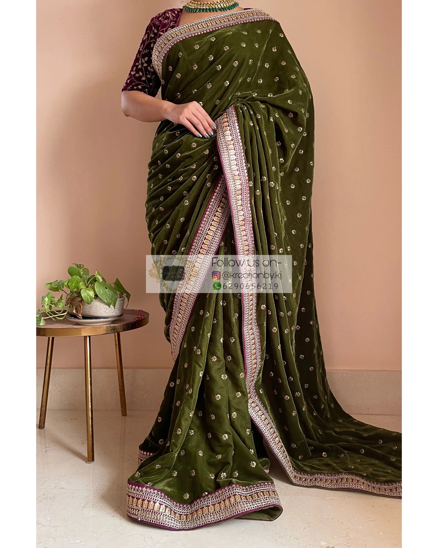 Mehendi Green Velvet Saree with Border - kreationbykj