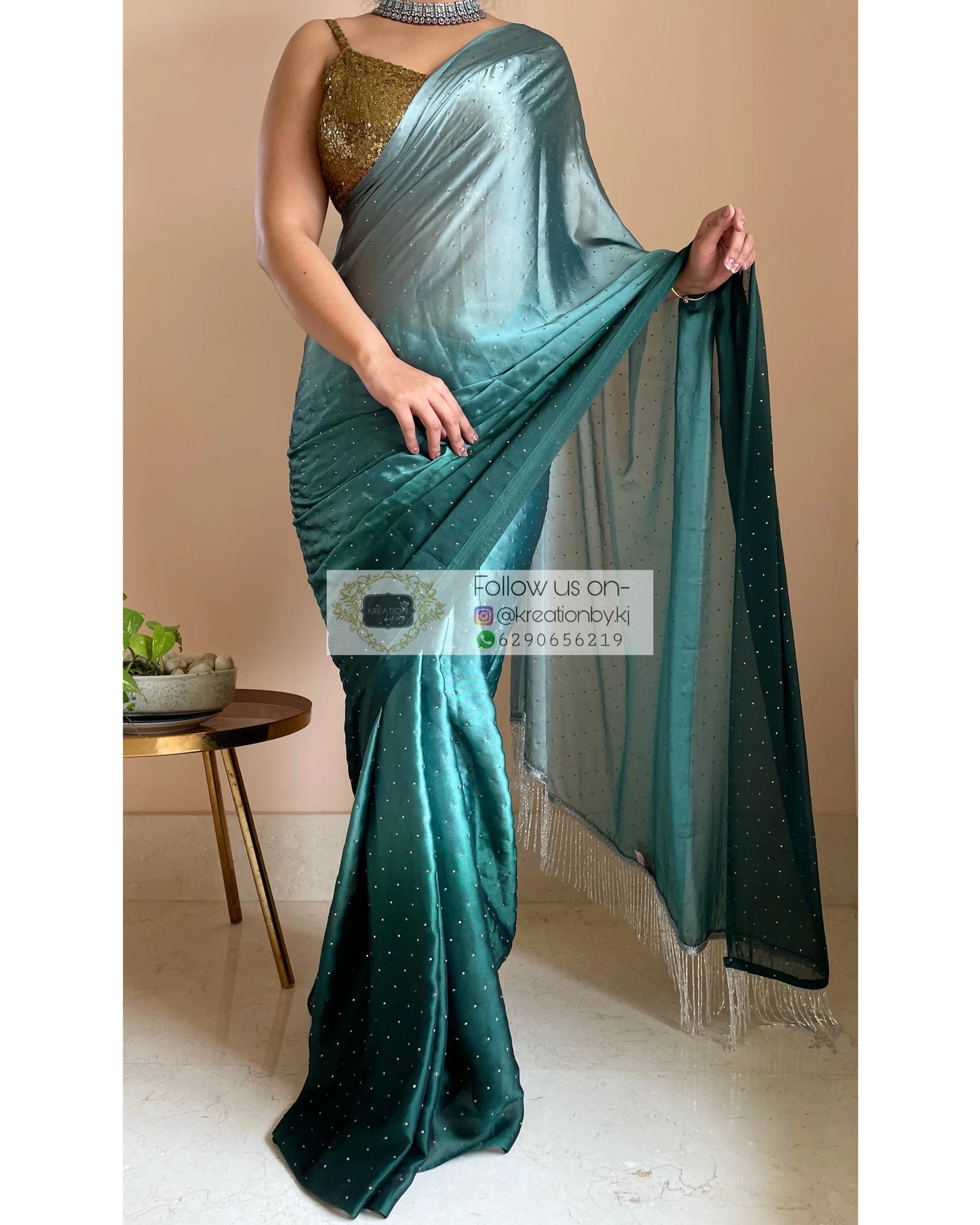 Ombré Emerald Green Saree with Stone Work - kreationbykj