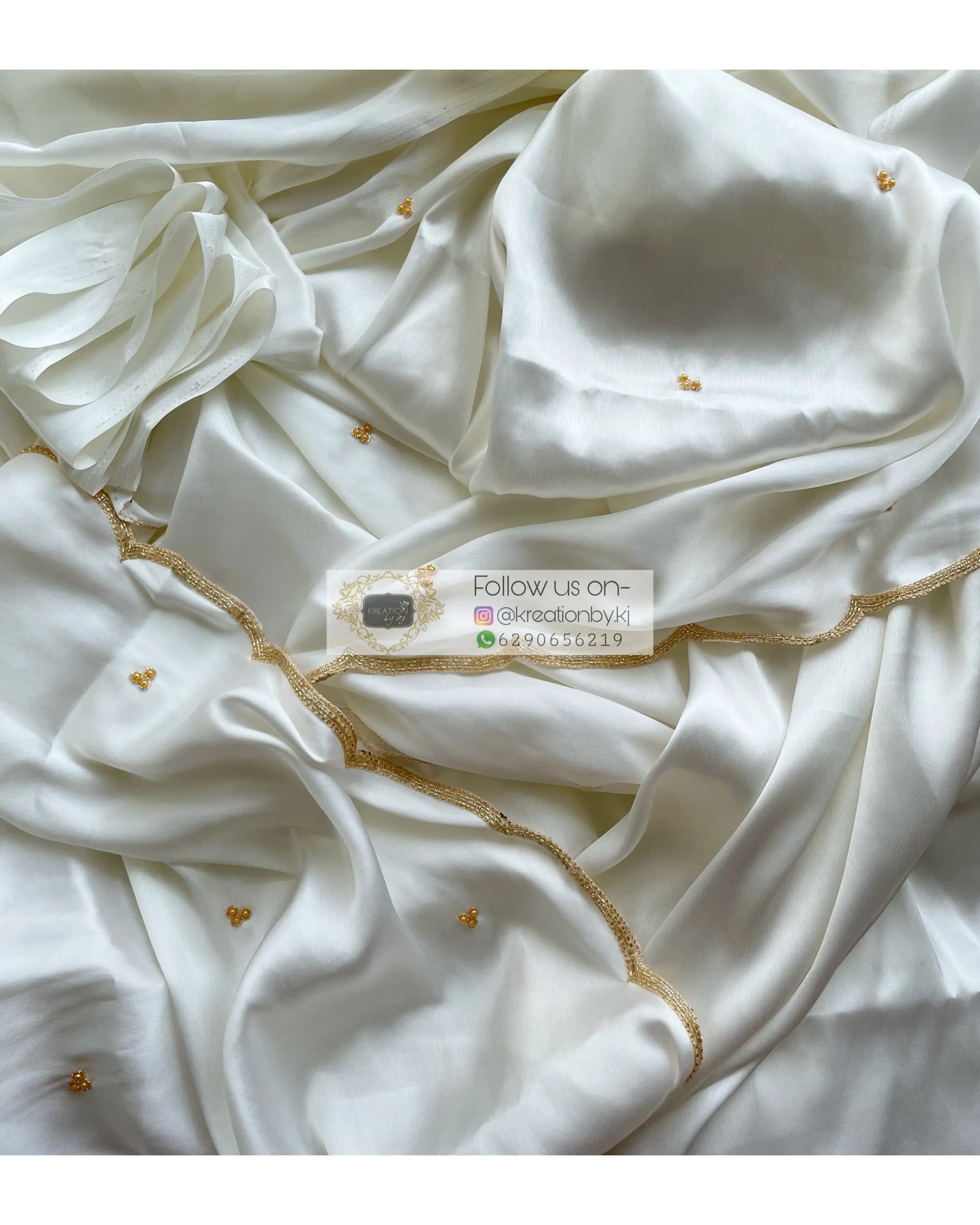 Cream Satin Silk Saree with Handembroidered Scalloping - kreationbykj
