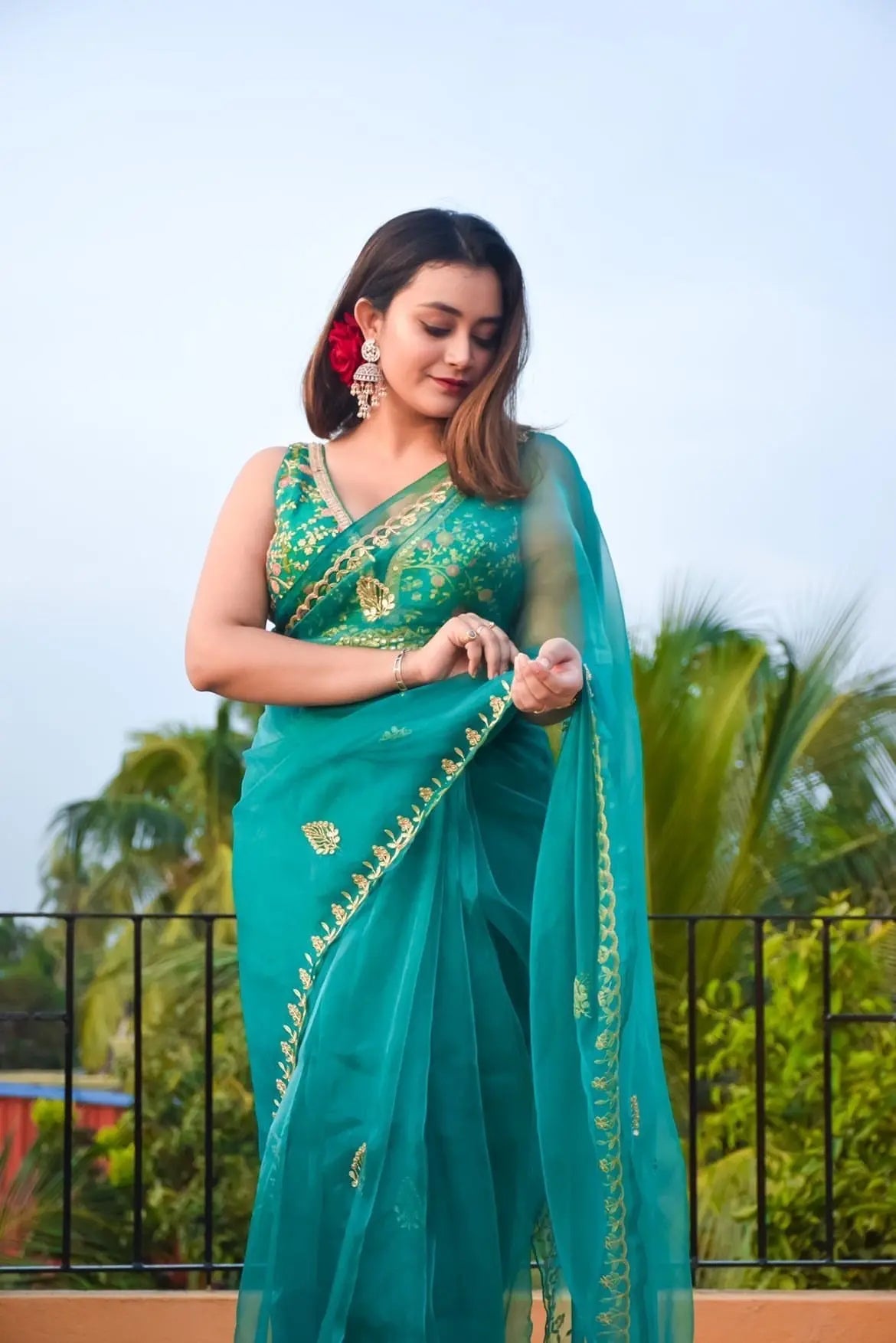 Teal Blue Glass Tissue Saree With Gota Patti Border - kreationbykj