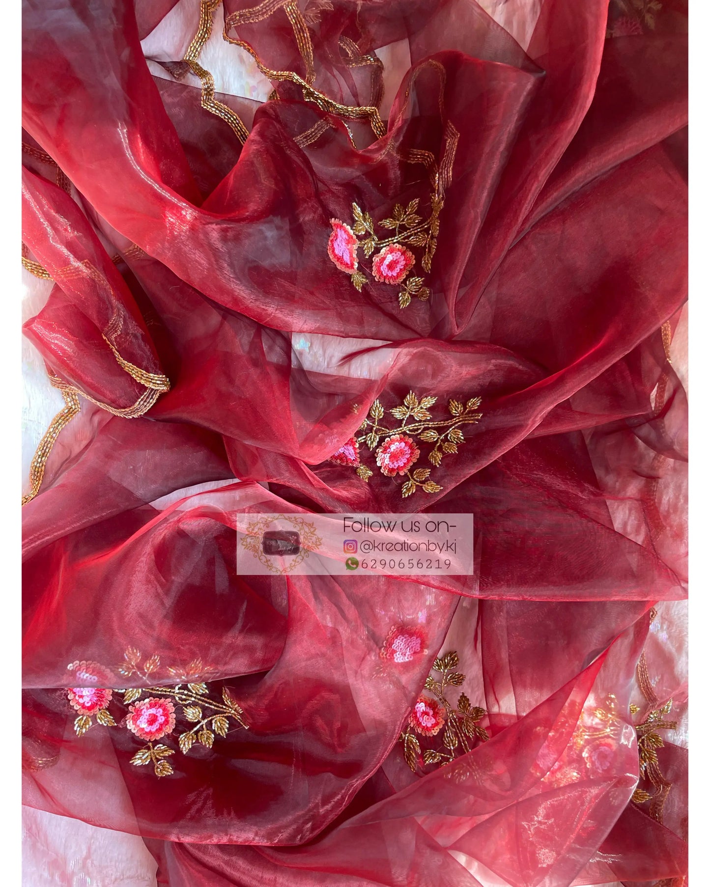 Maroon Rose Glass Tissue Dupatta - kreationbykj