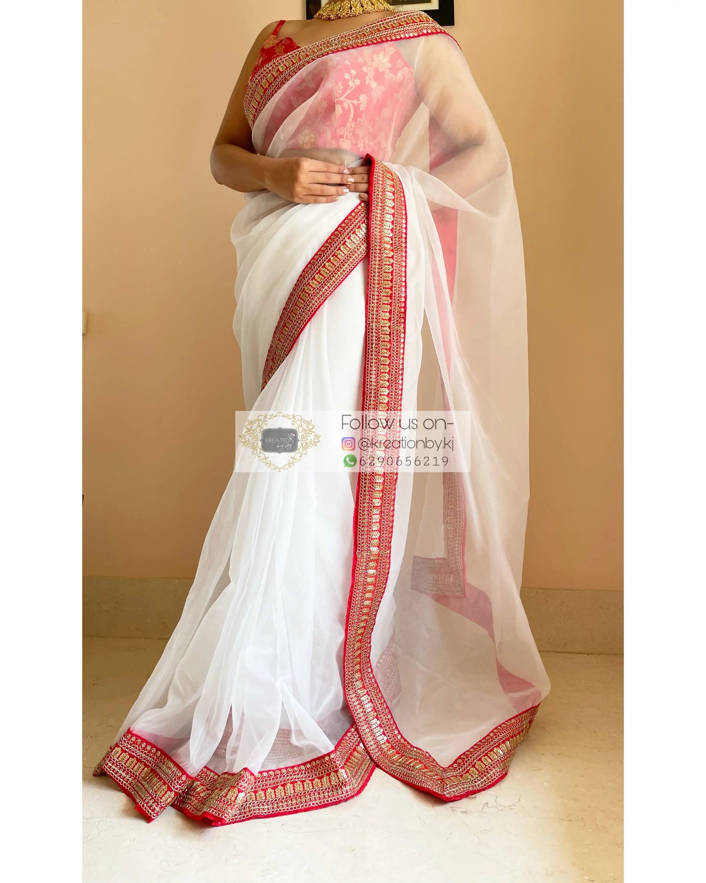 White Organza Saree with Red Border - kreationbykj