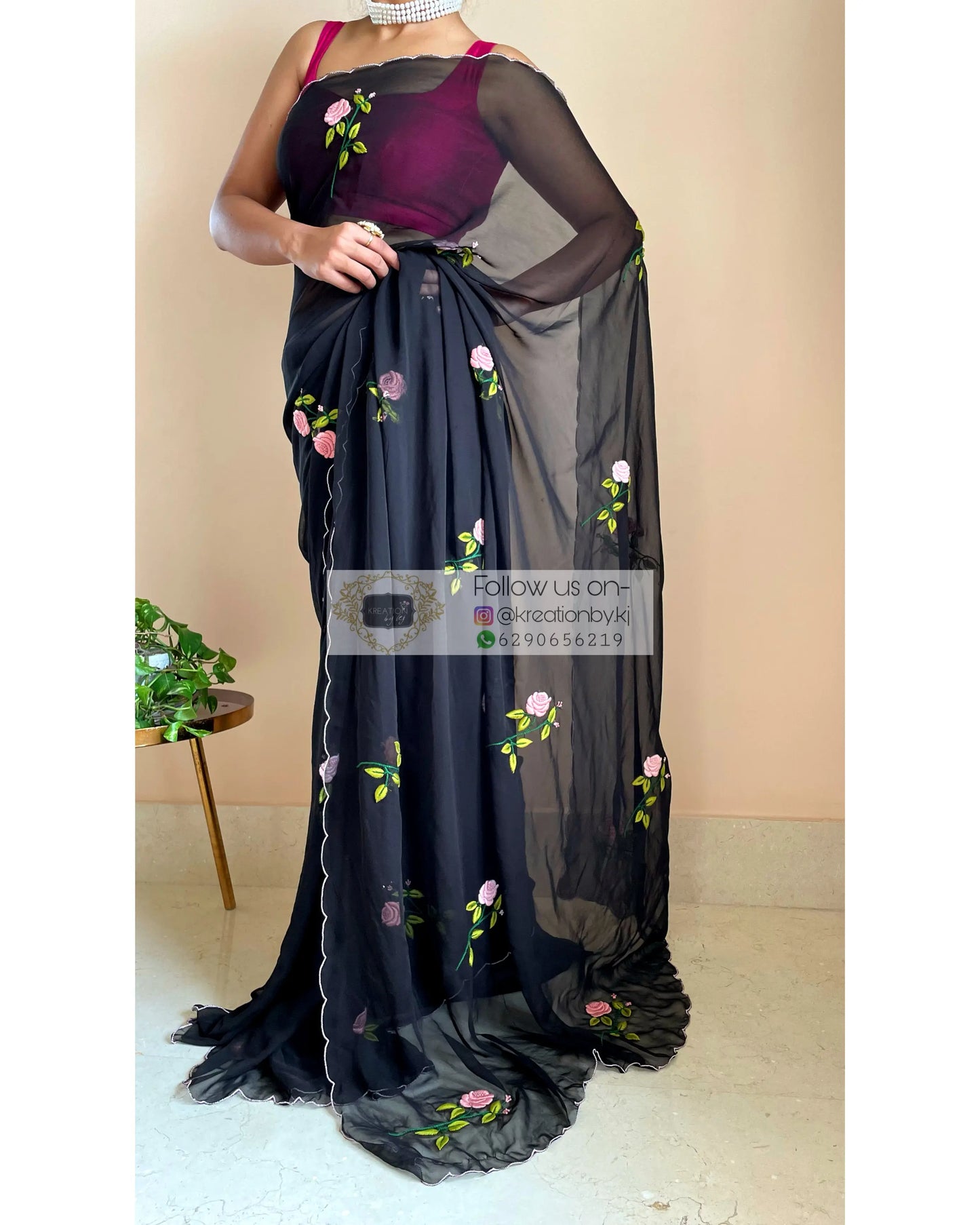 Black Georgette Guldasta Saree - kreationbykj