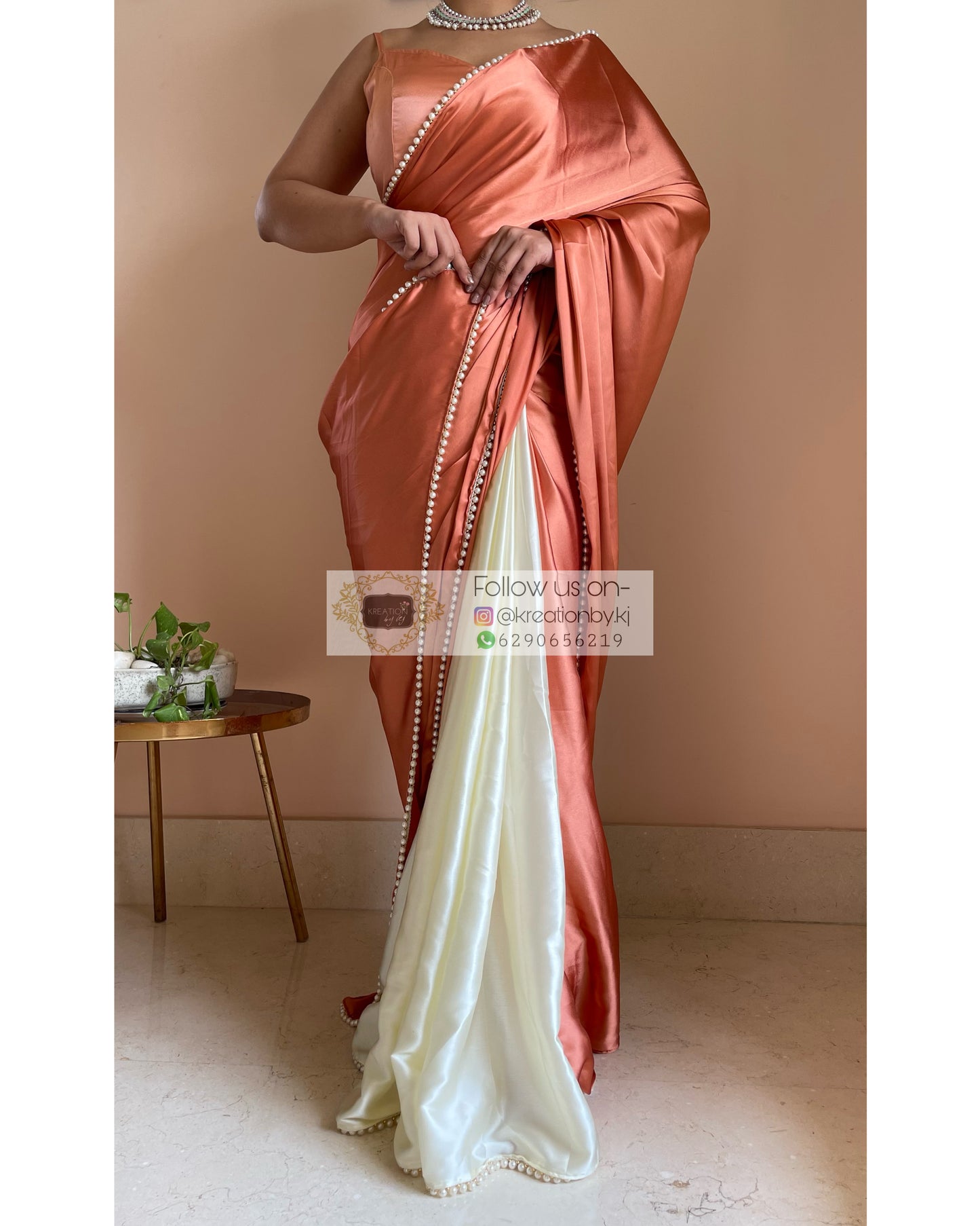 Peach Milk Two in One Satin Saree - kreationbykj