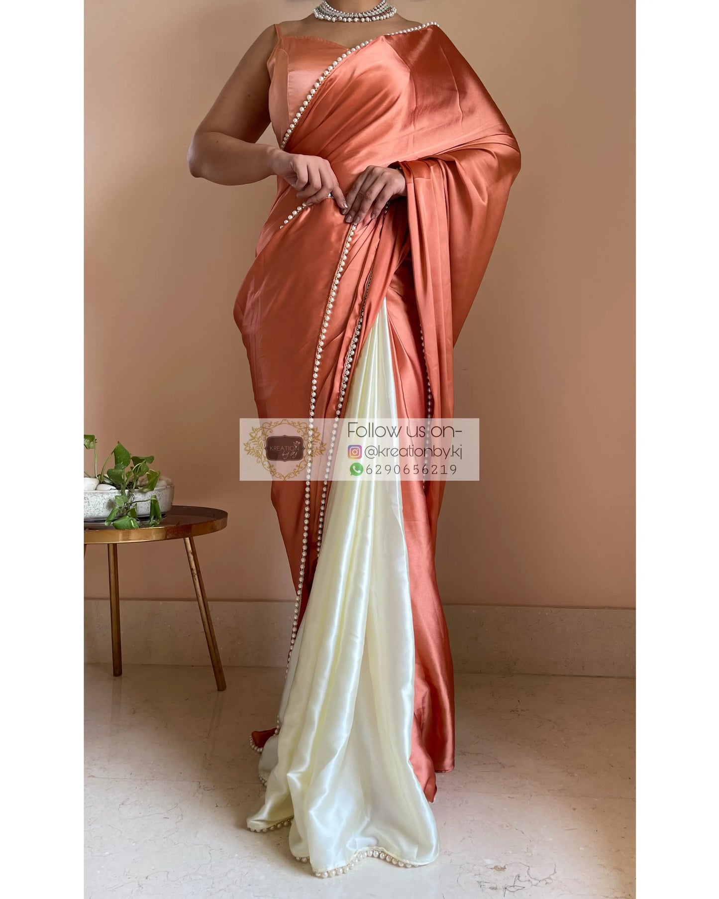 Peach Milk Two in One Satin Saree - kreationbykj