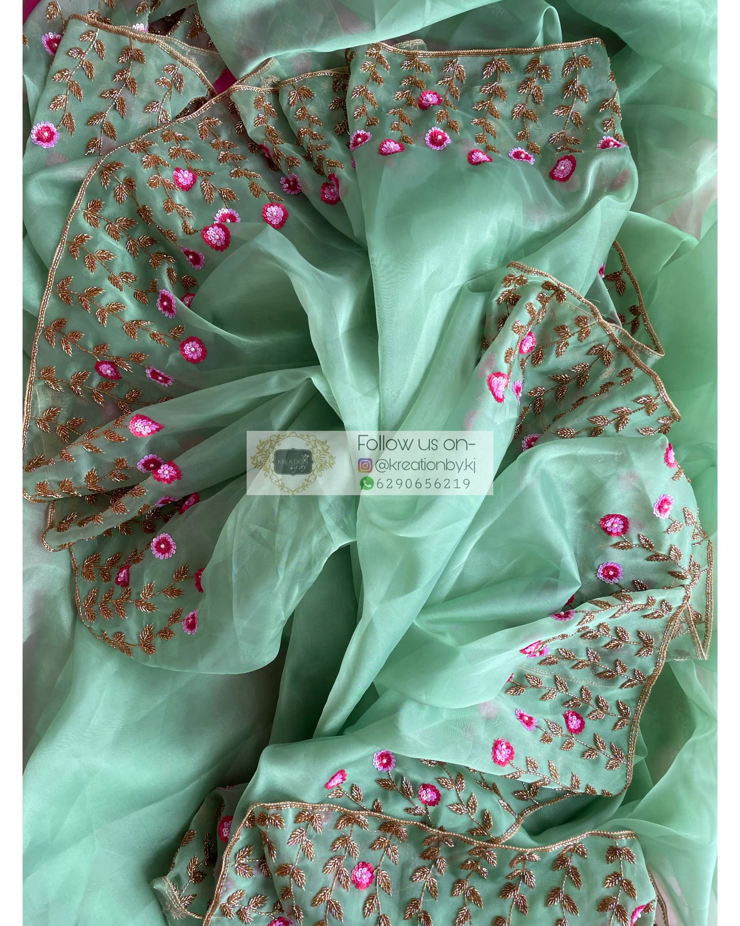 Blooming Daisies Mint Organza Saree - kreationbykj