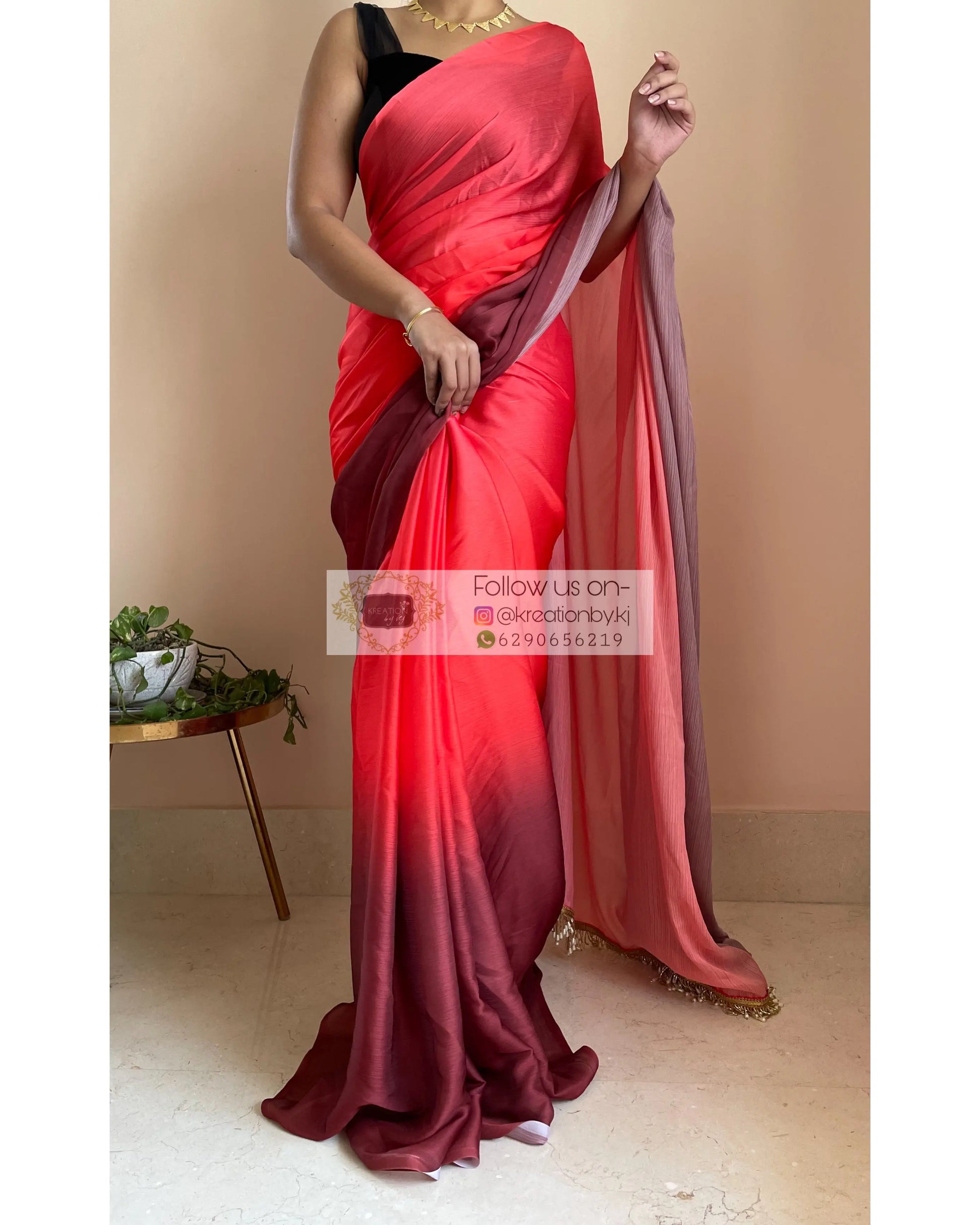 Vermillion Ombré Crepe Silk Saree with Handmade Tassels on Pallu - kreationbykj