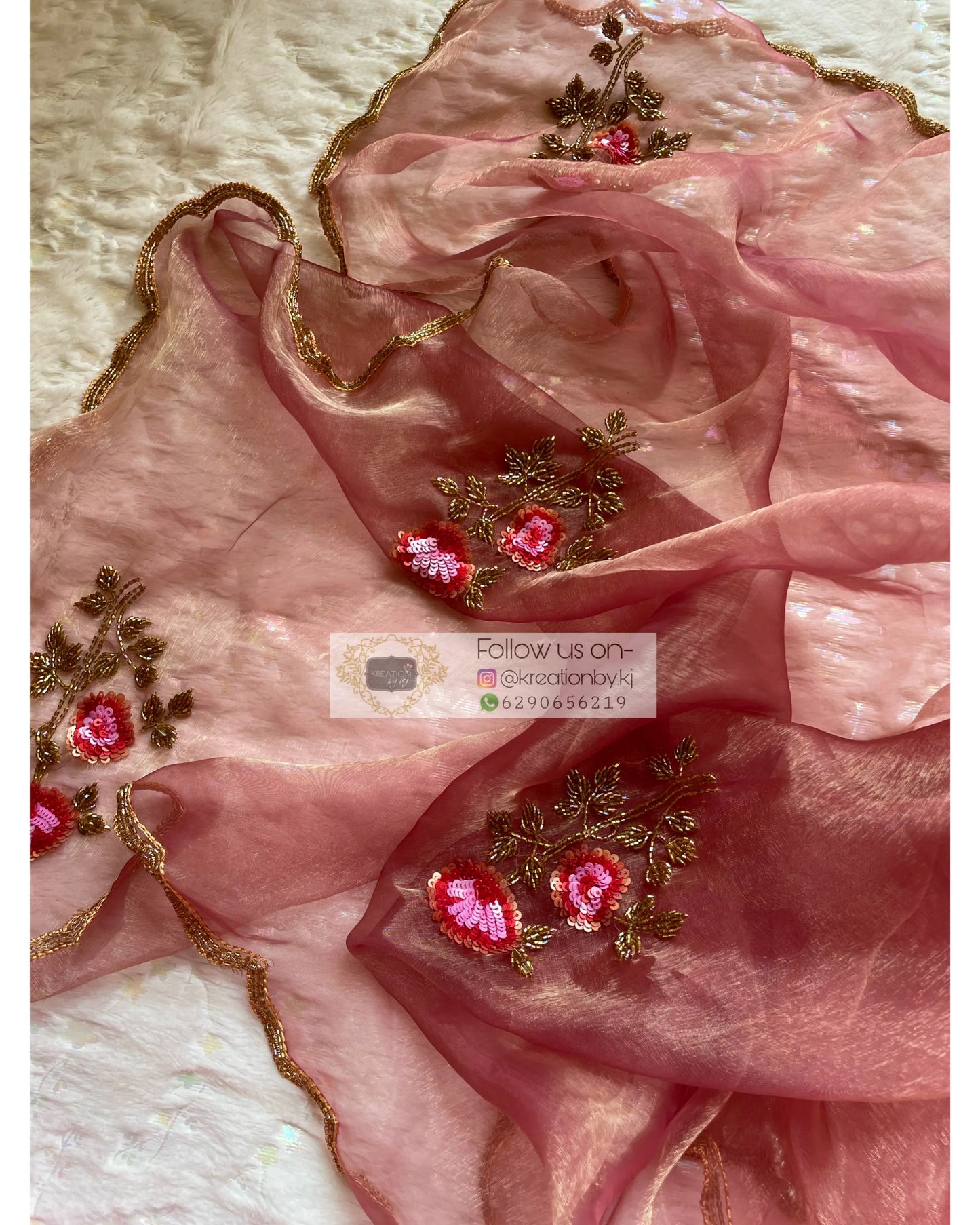 Rose Beige Glass Tissue Rose Dupatta - kreationbykj