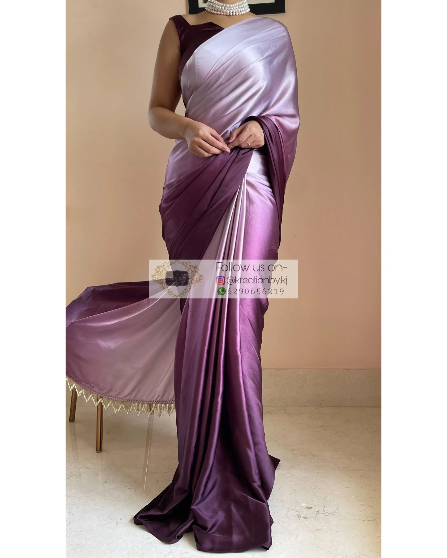 Black Currant Ombré Crepe Silk Saree with Handmade Tassels on Pallu - kreationbykj