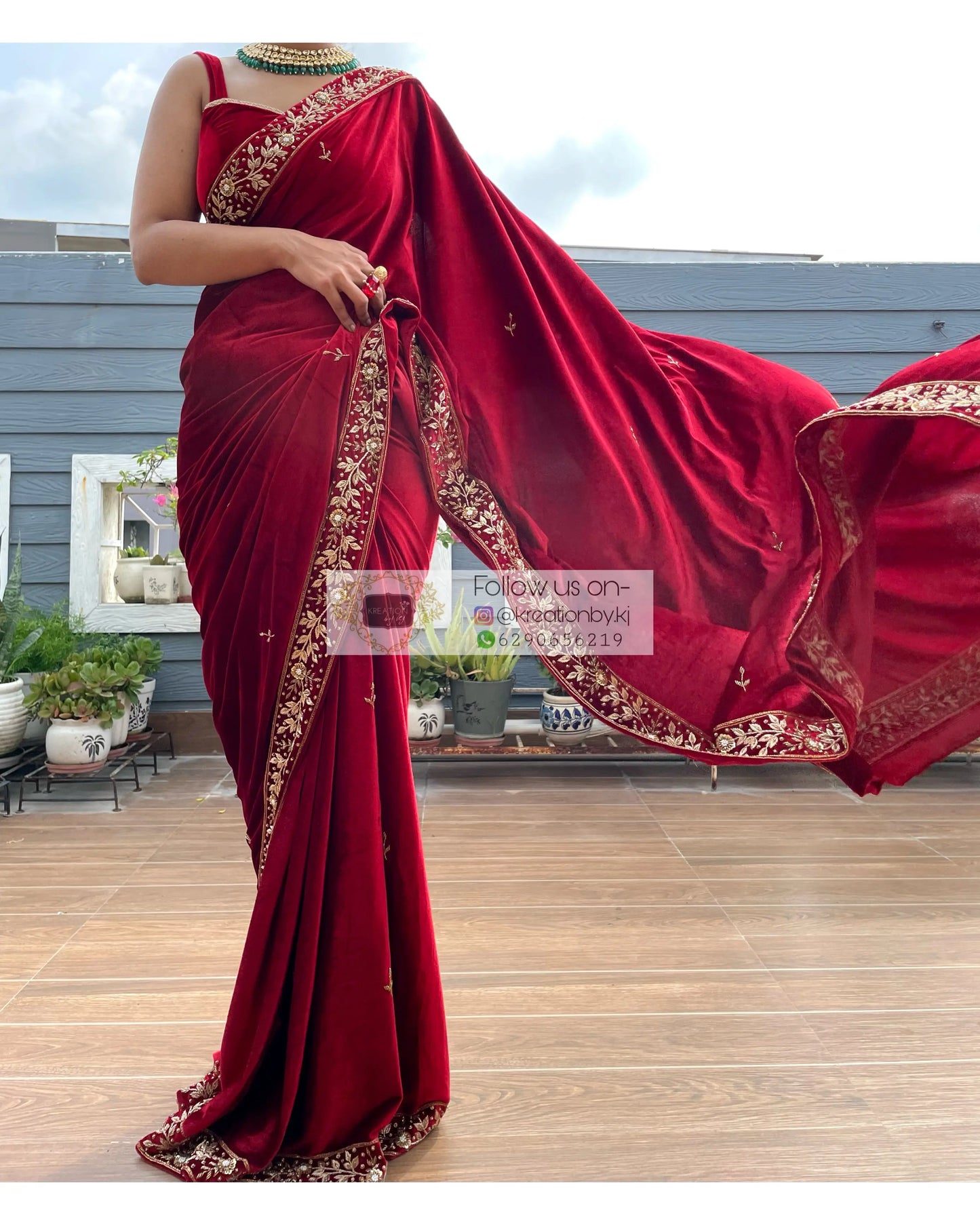 Anaya Maroon Velvet Saree with Belt - kreationbykj