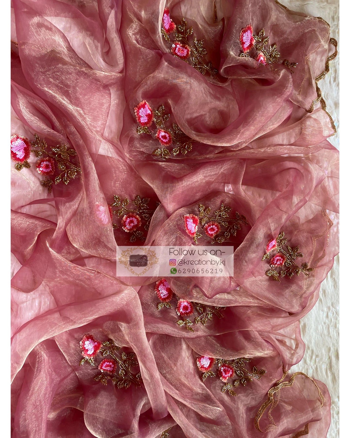 Rose Beige Glass Tissue Rose Dupatta - kreationbykj