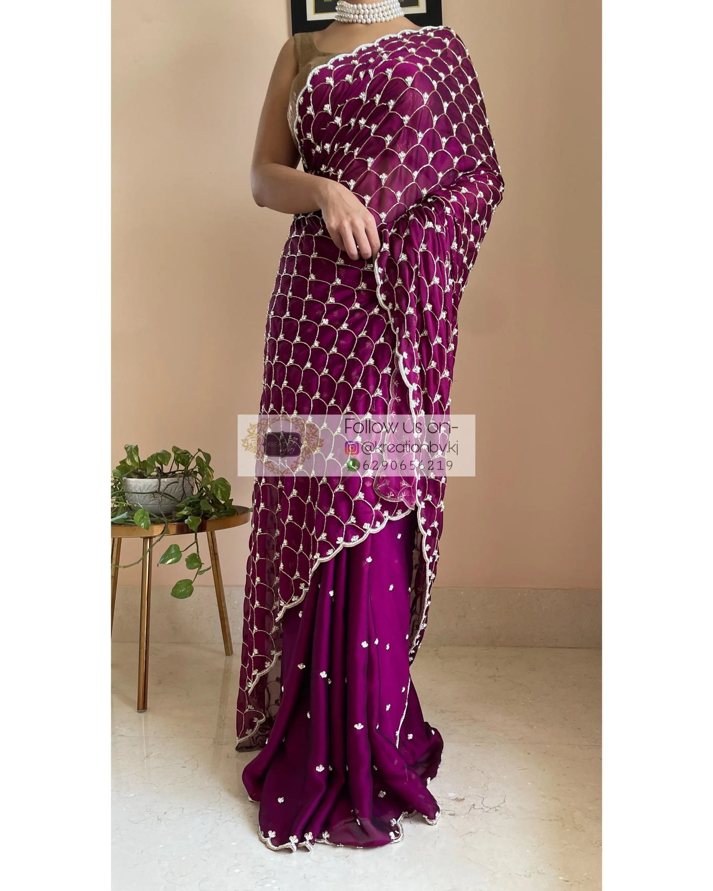 Wine Georgette Cutdana Mehraab Jaal Saree - kreationbykj