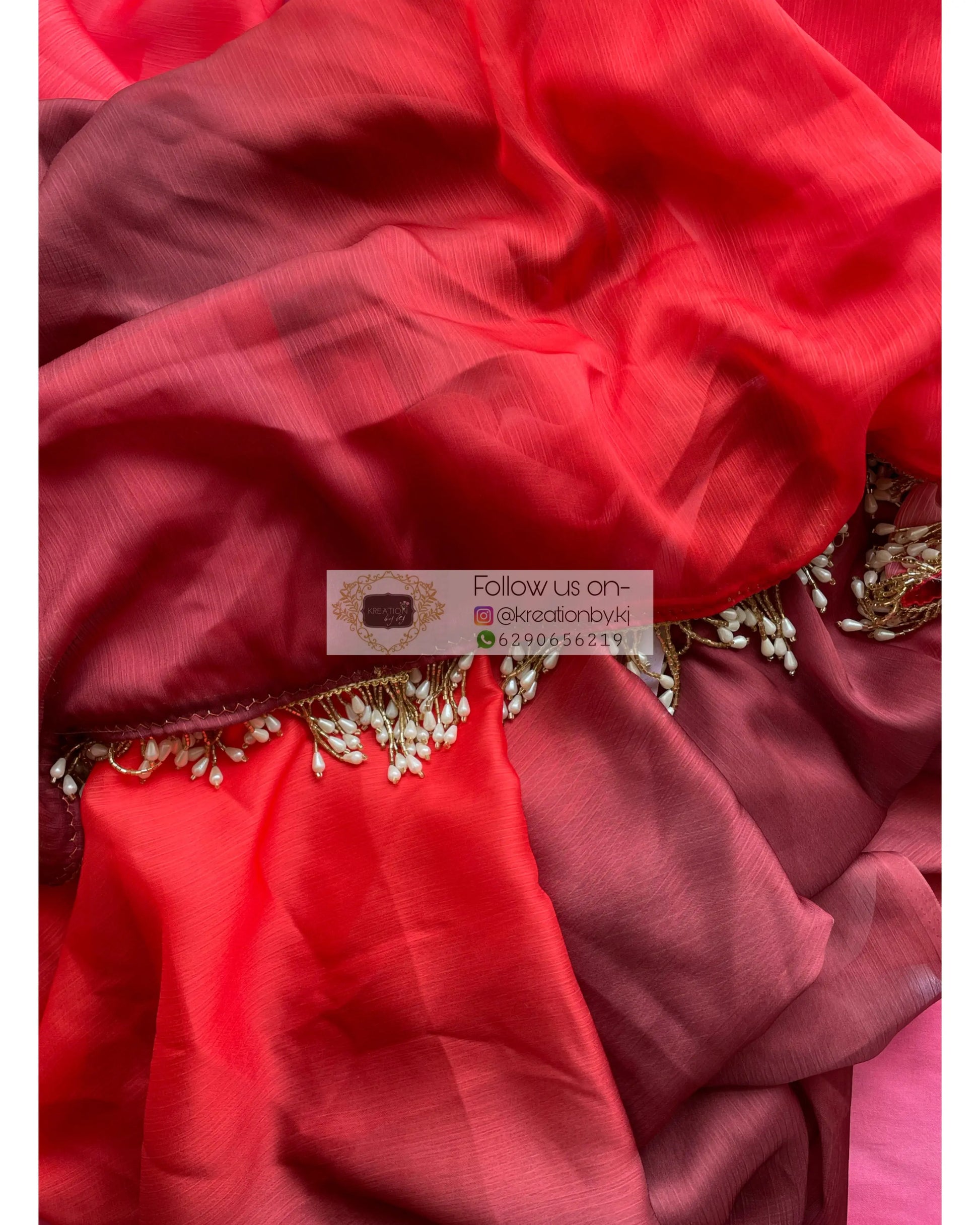 Vermillion Ombré Crepe Silk Saree with Handmade Tassels on Pallu - kreationbykj