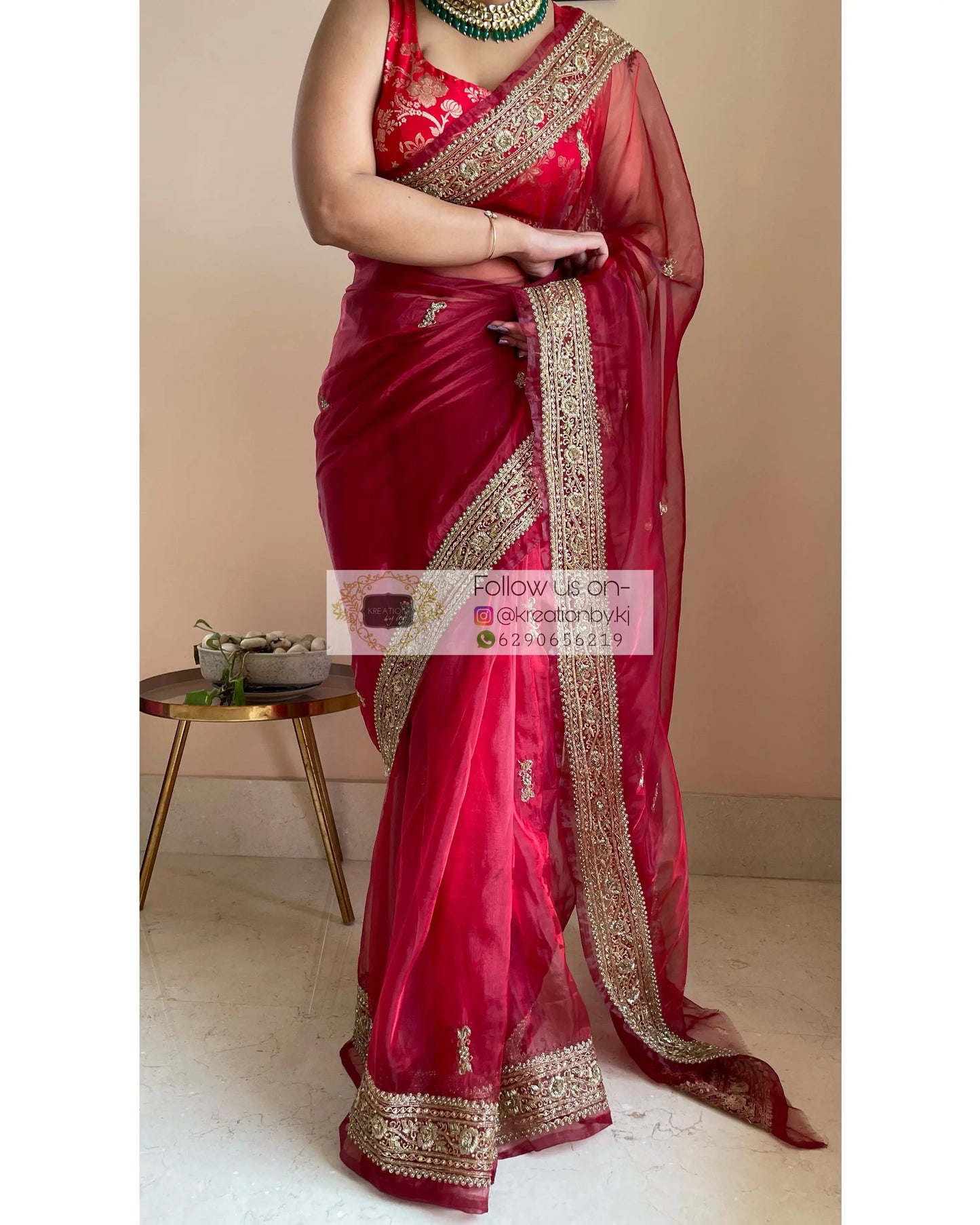 Red Glass Tissue Zarina Saree - kreationbykj