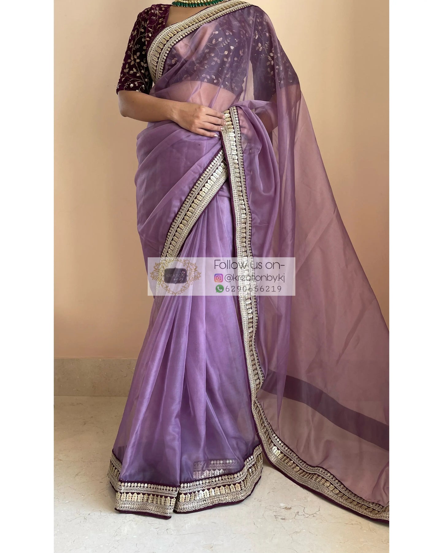 Light Purple Organza Saree with Wine Border - kreationbykj