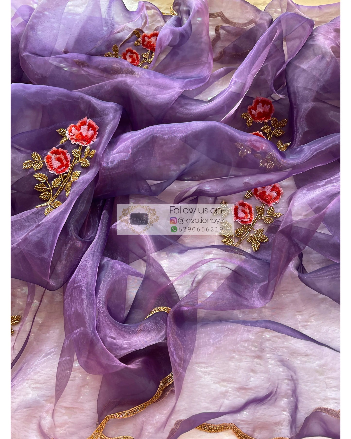 Violet Glass Tissue Rose Dupatta - kreationbykj