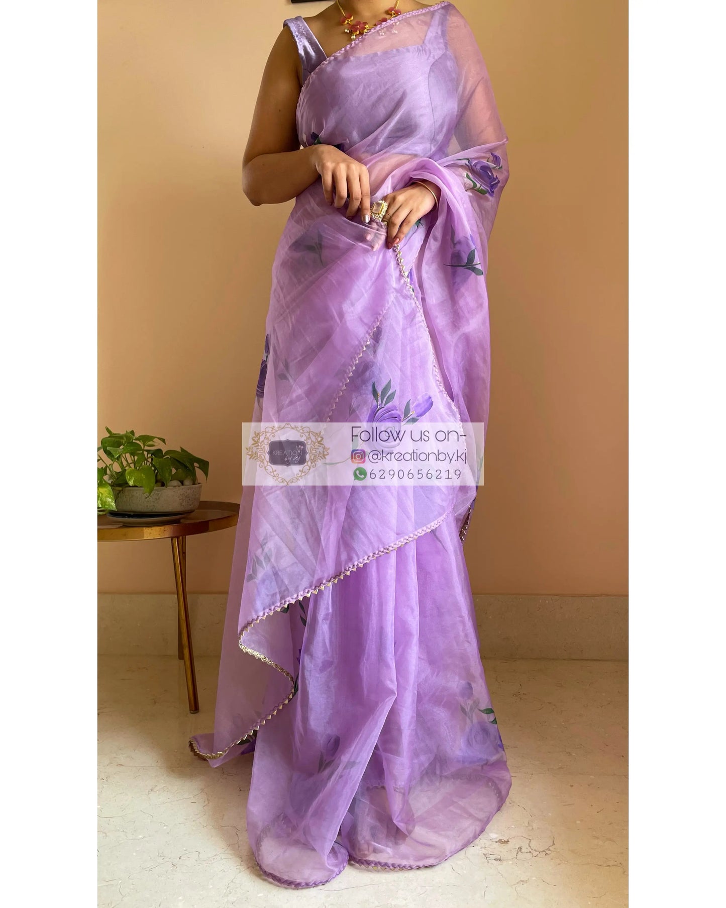 Lavender Floral Organza Saree - kreationbykj