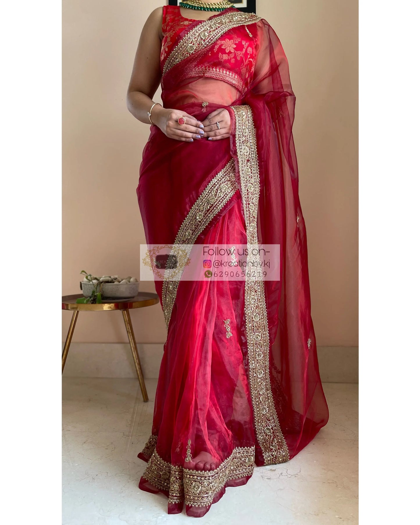 Red Glass Tissue Zarina Saree - kreationbykj