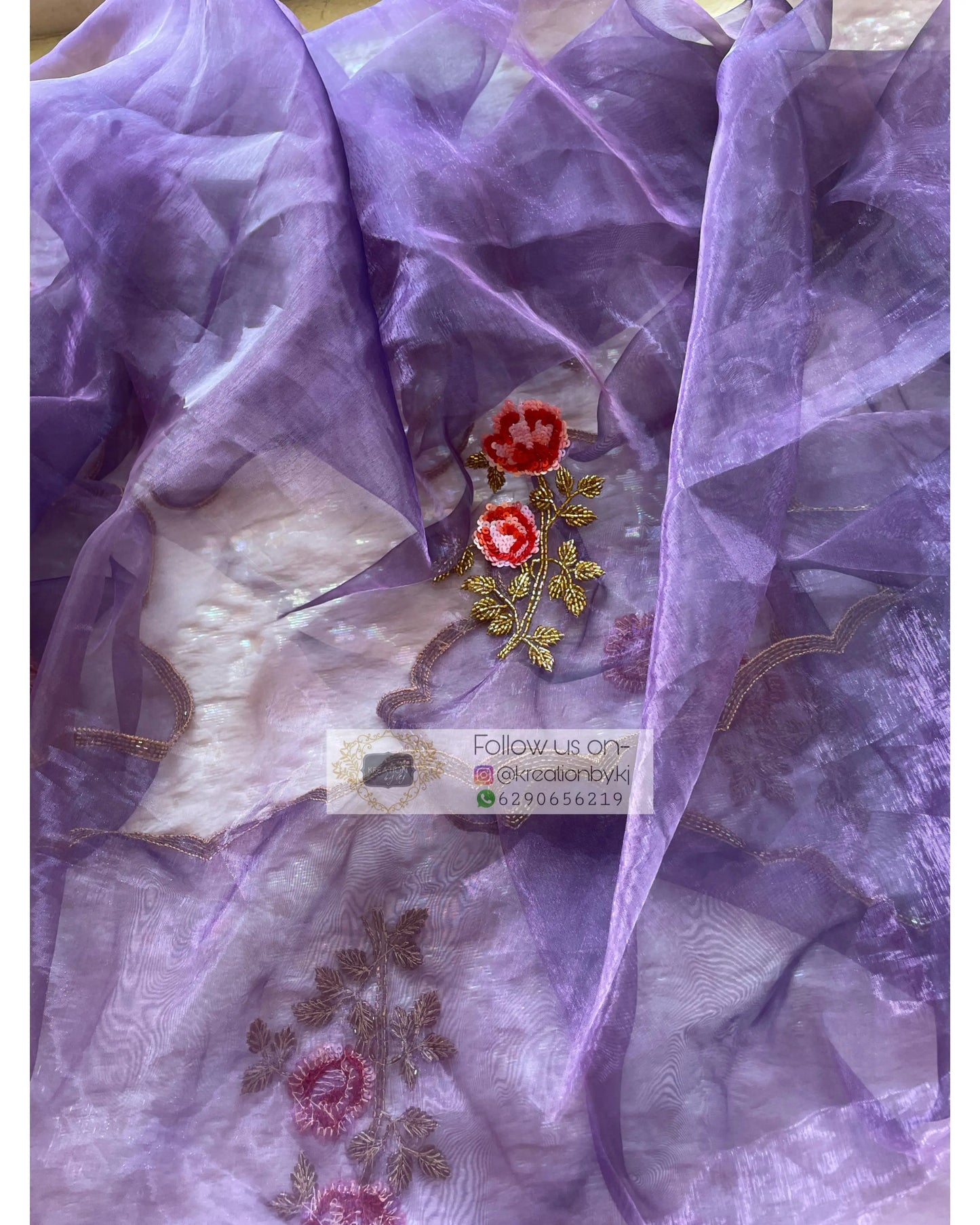 Violet Glass Tissue Rose Dupatta - kreationbykj