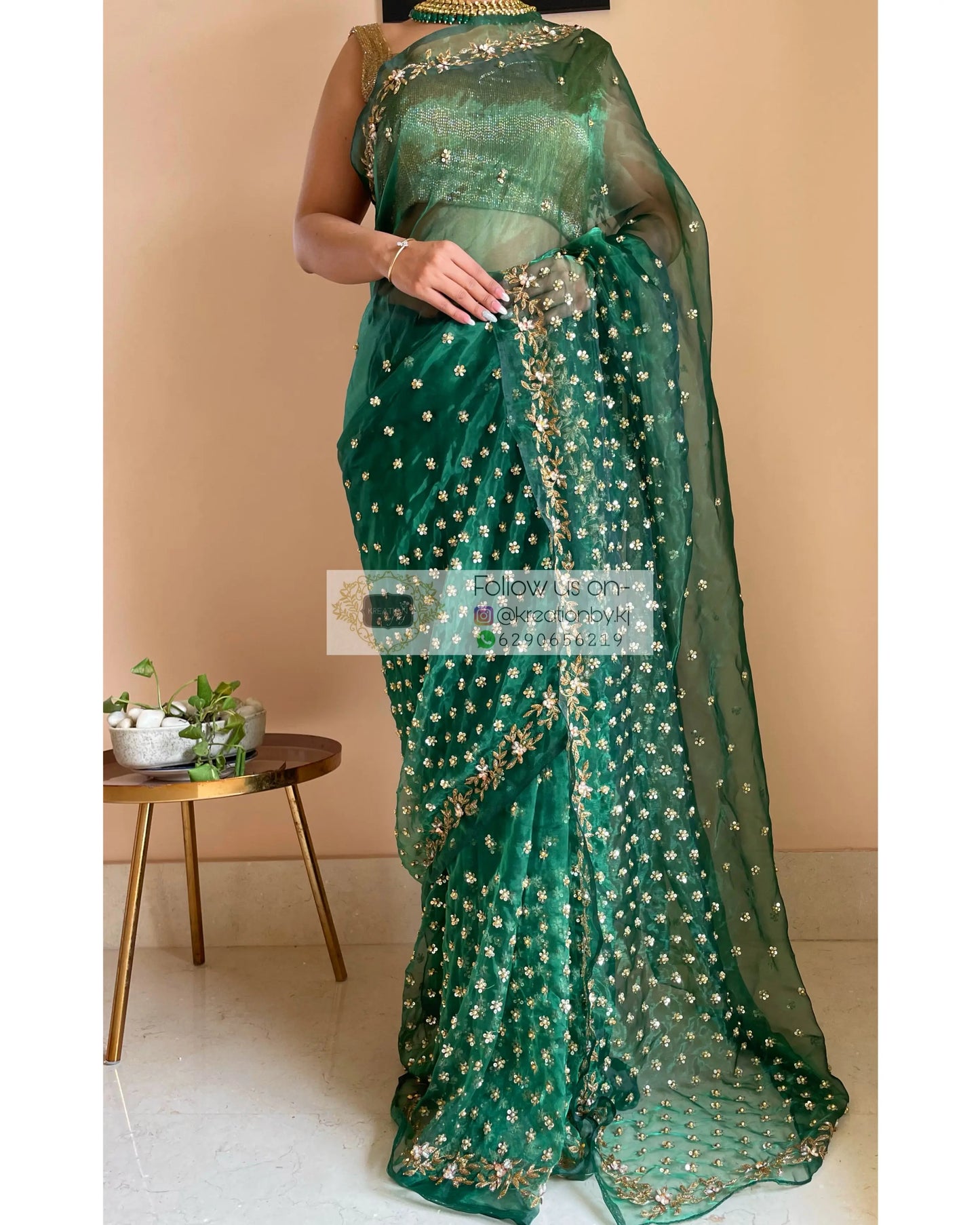 Forest Green Glass Tissue Bridal Saree - kreationbykj