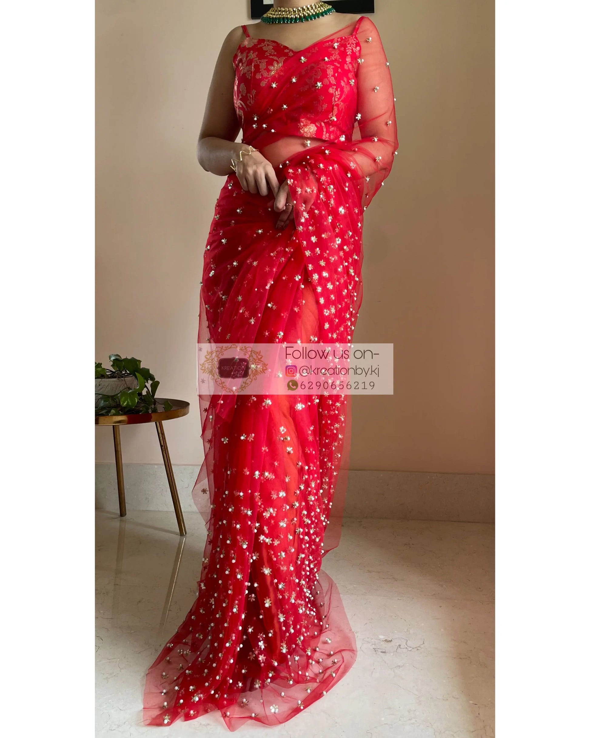Jugnoo Red Net Saree - kreationbykj