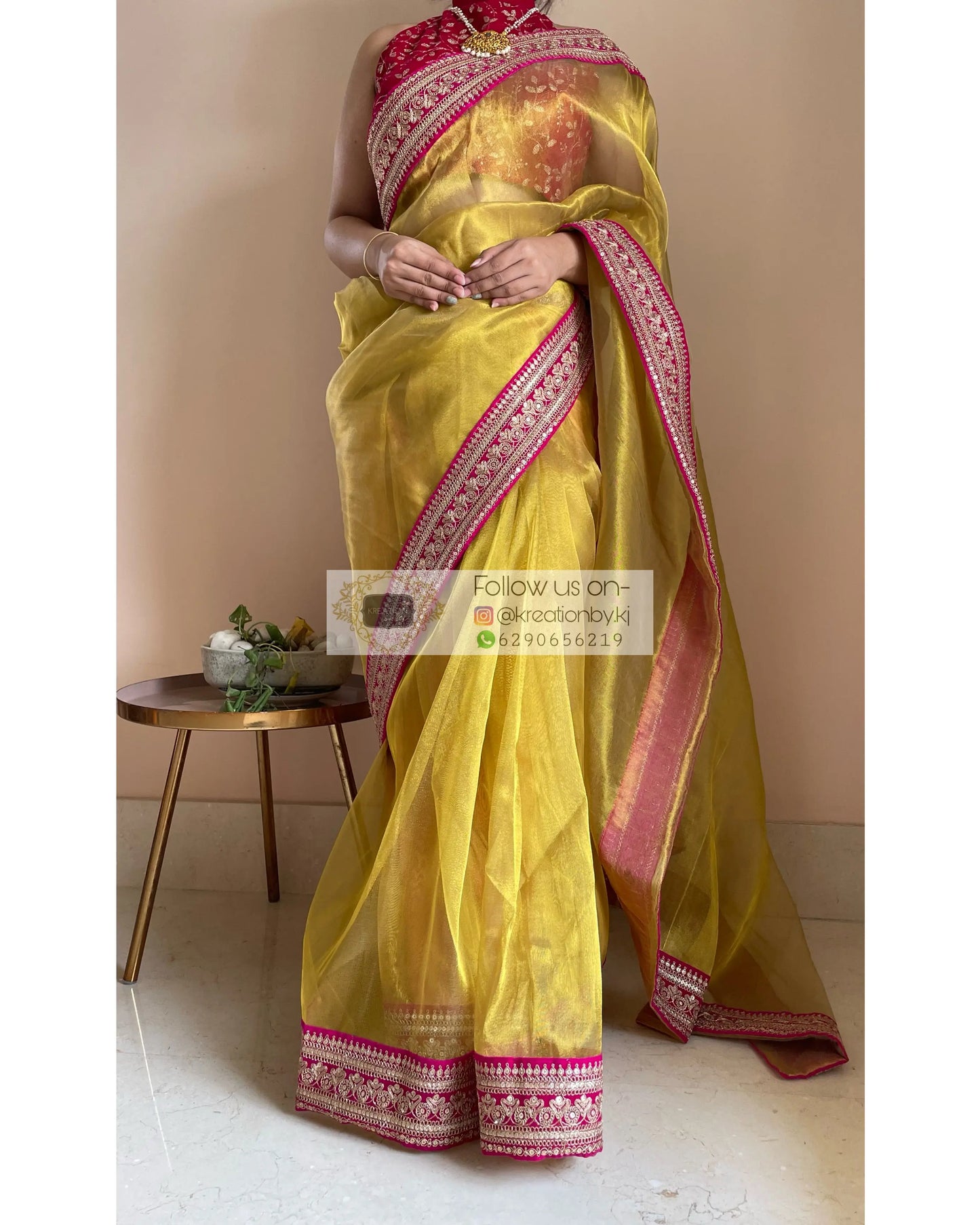 Gold Tissue Silk Saree with Fuschia Border - kreationbykj