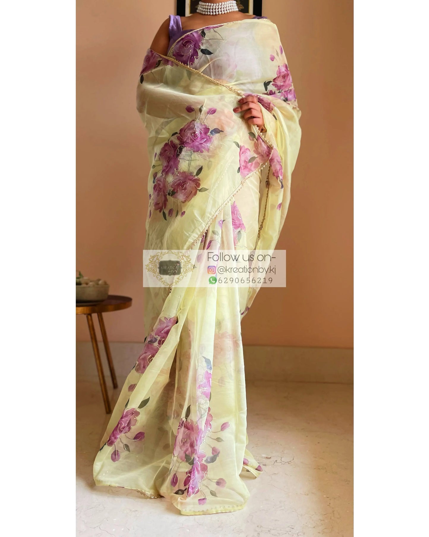 Lemon Rose Organza Saree - kreationbykj