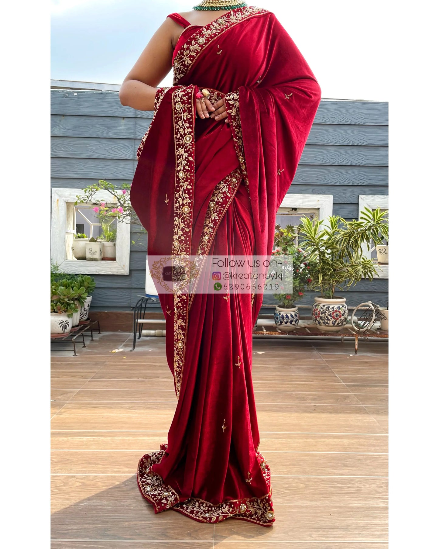 Anaya Maroon Velvet Saree with Belt - kreationbykj
