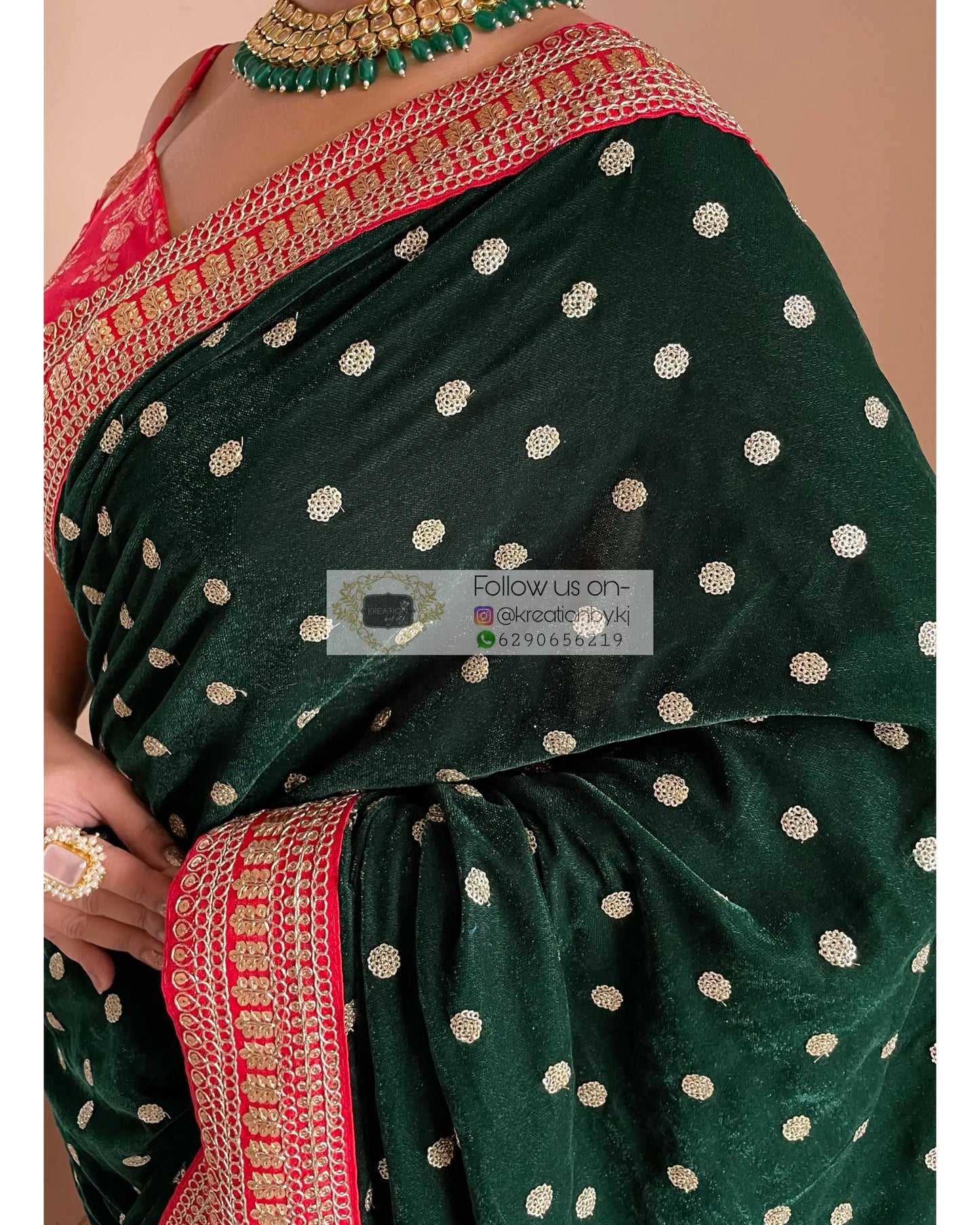 Bottle Green Velvet Saree with Border - kreationbykj