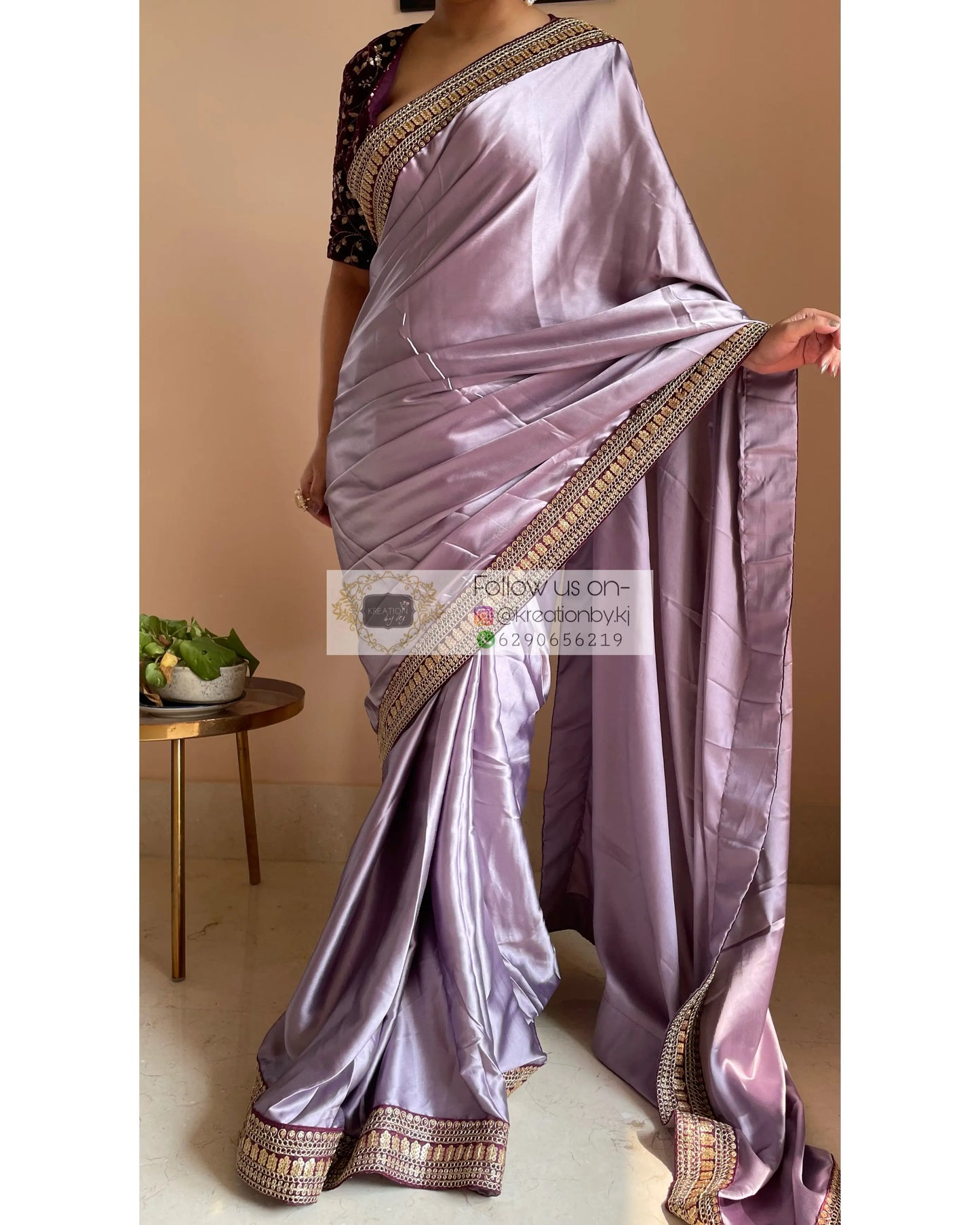 Dull Lavender Satin Saree with Wine Border - kreationbykj