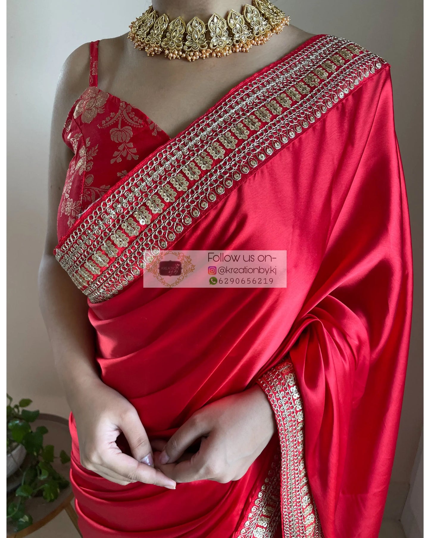 Surkh Laal Satin Silk Saree with Border - kreationbykj