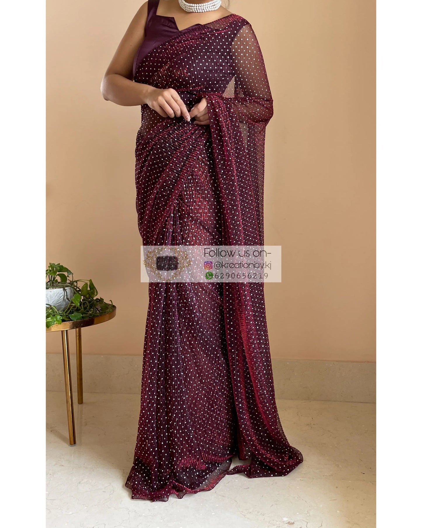 Maroon Wine Pleated Shimmer Saree - kreationbykj