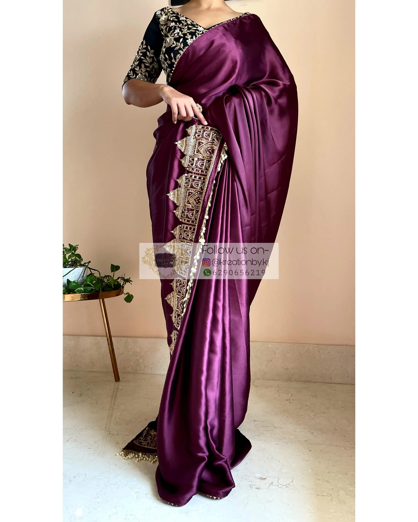 Dark Eggplant Wine Satin Silk Taj Mahal Saree - kreationbykj