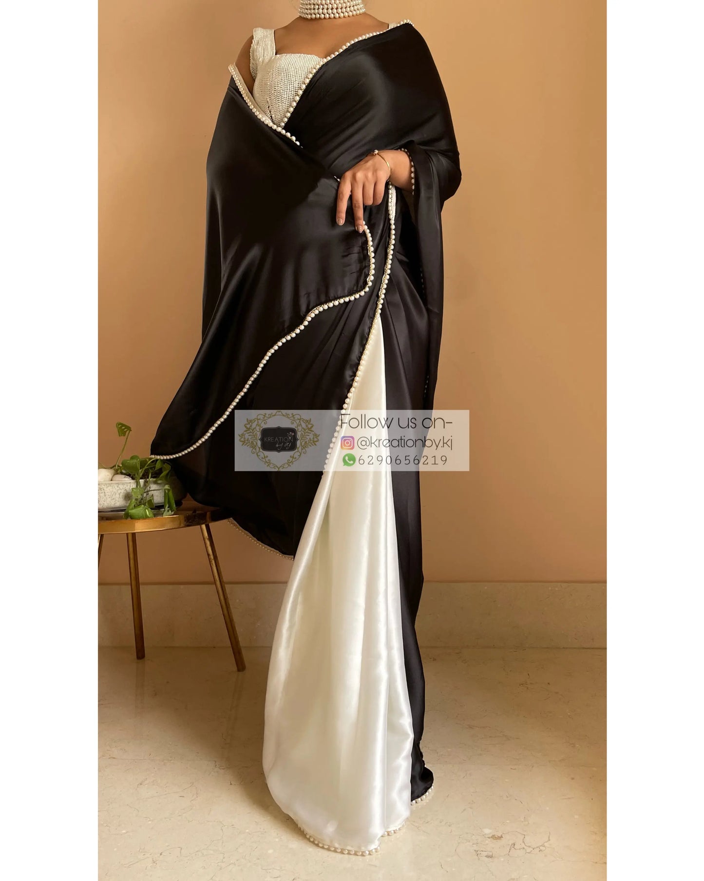 Monochrome Two in One Satin Saree - kreationbykj