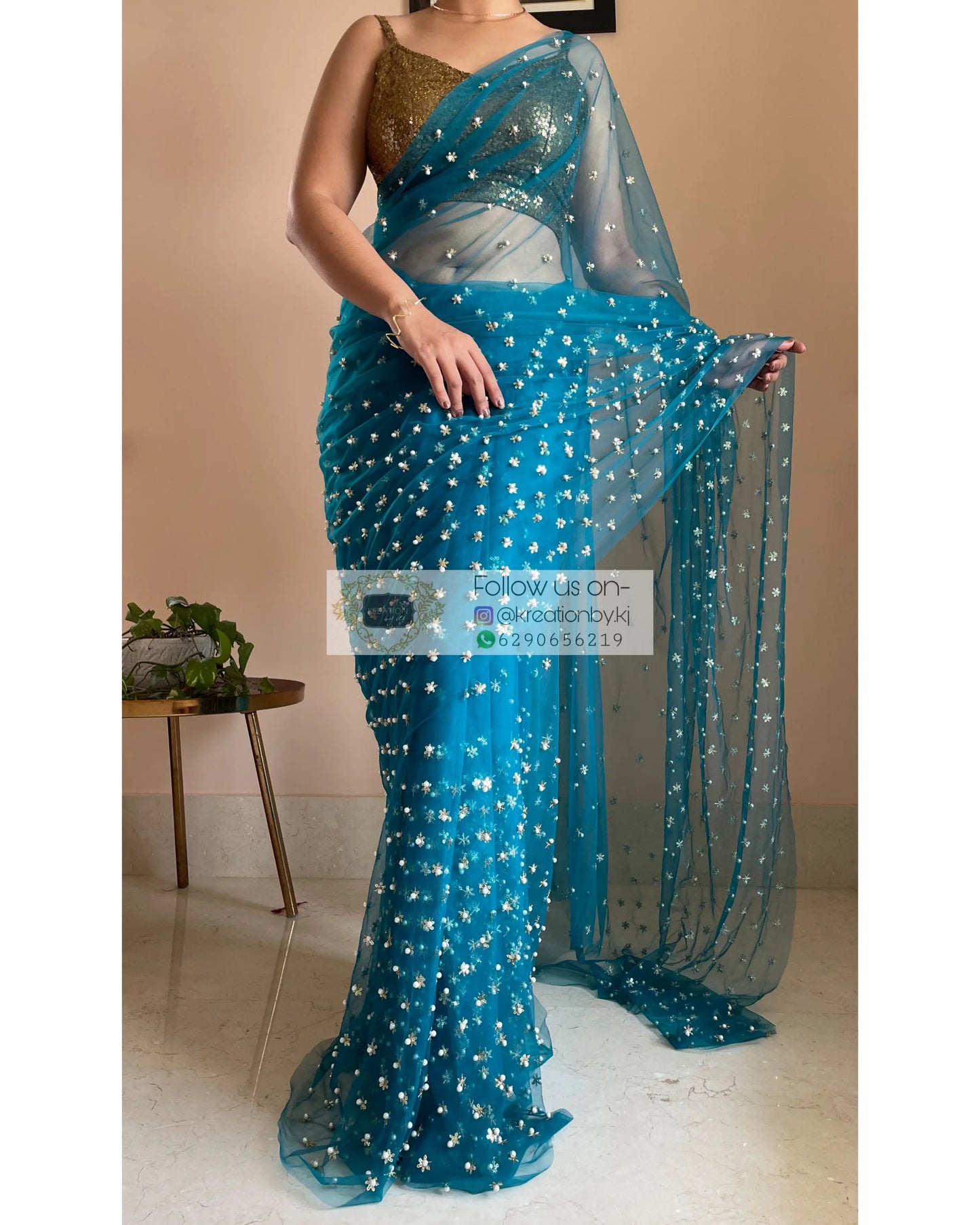 Jugnoo Teal Blue Net Saree - kreationbykj