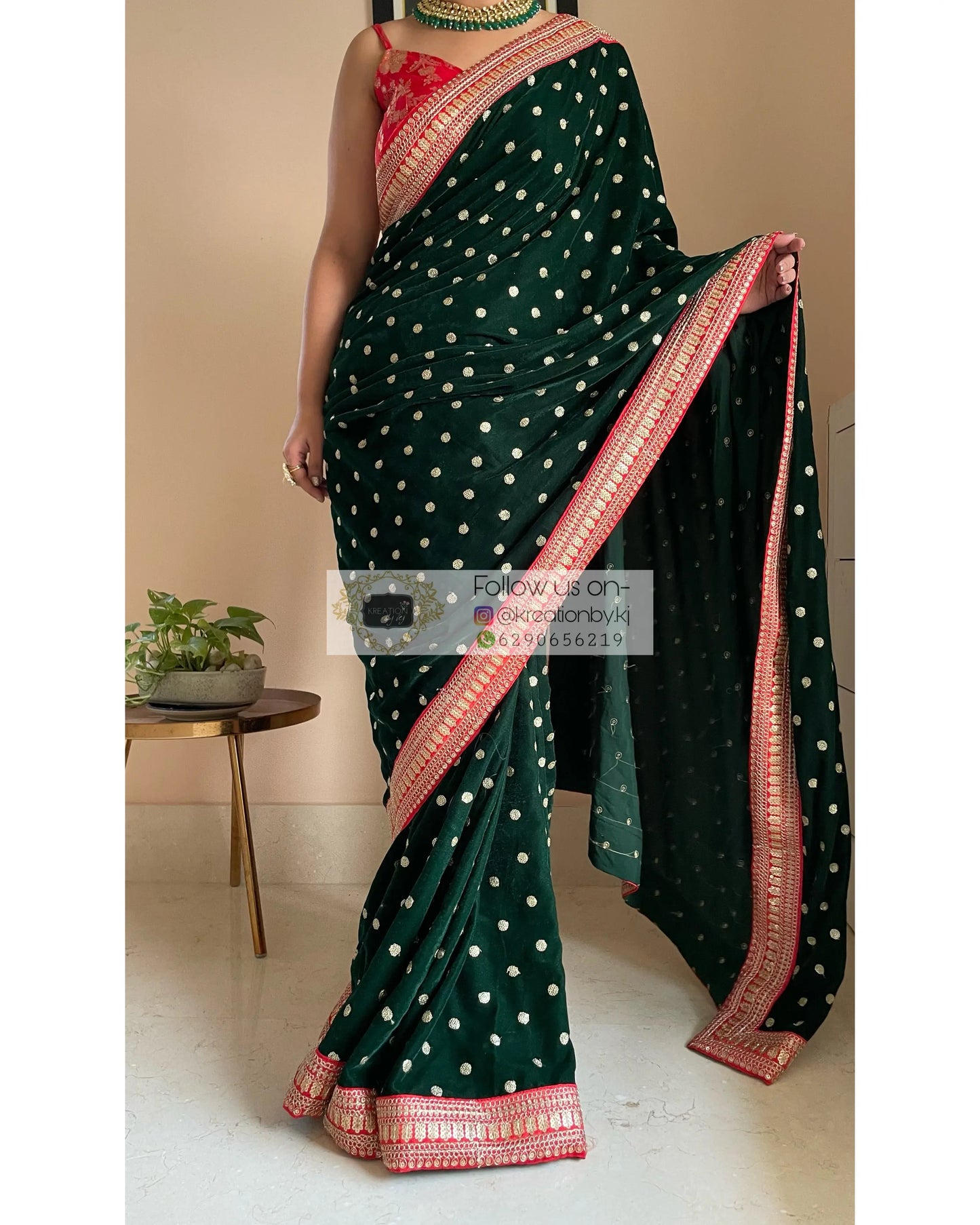 Bottle Green Velvet Saree with Border - kreationbykj