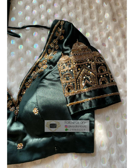 Dark Blackish Green Taj Mahal Blouse Piece - kreationbykj