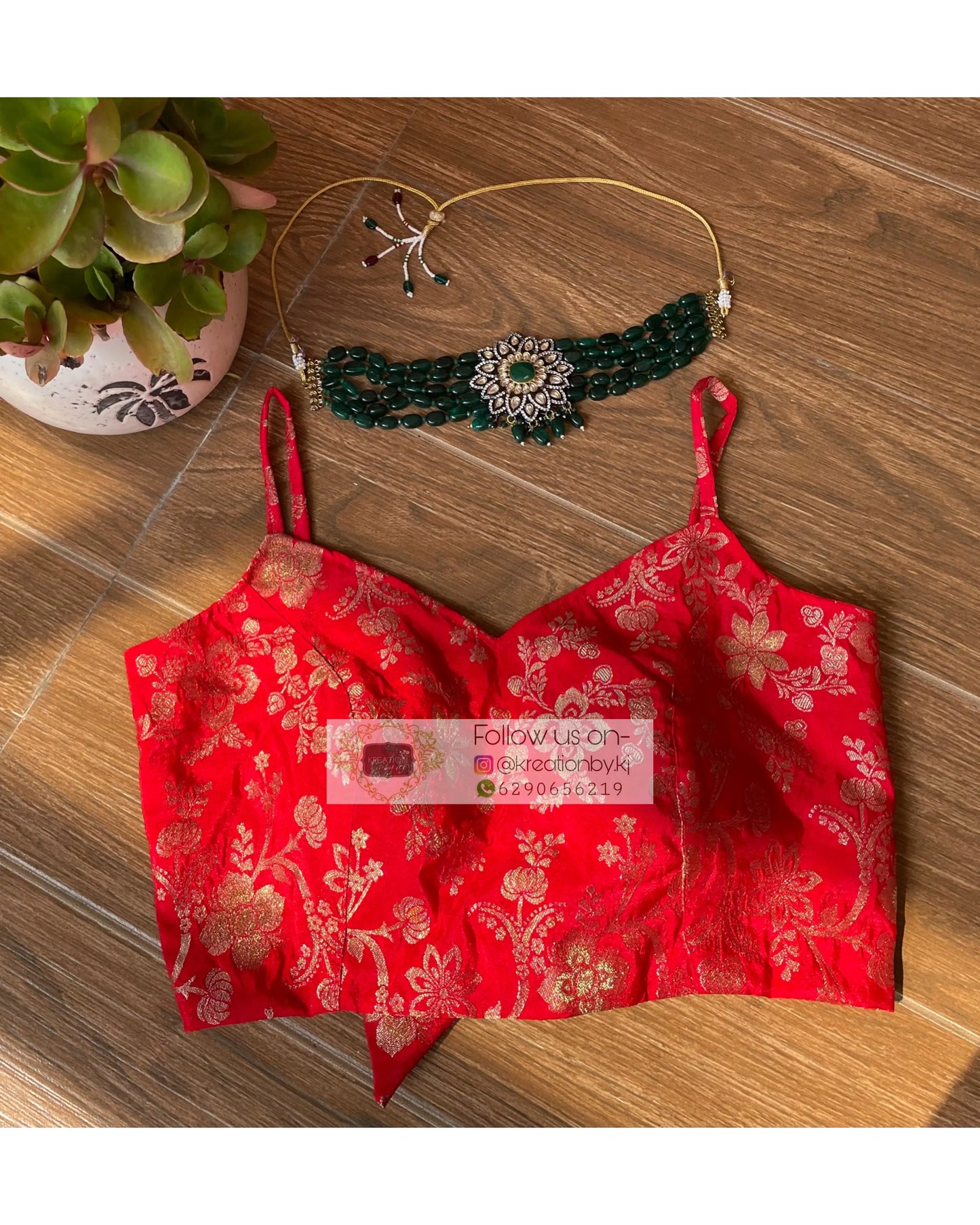 Red Brocade Strappy Blouse - kreationbykj