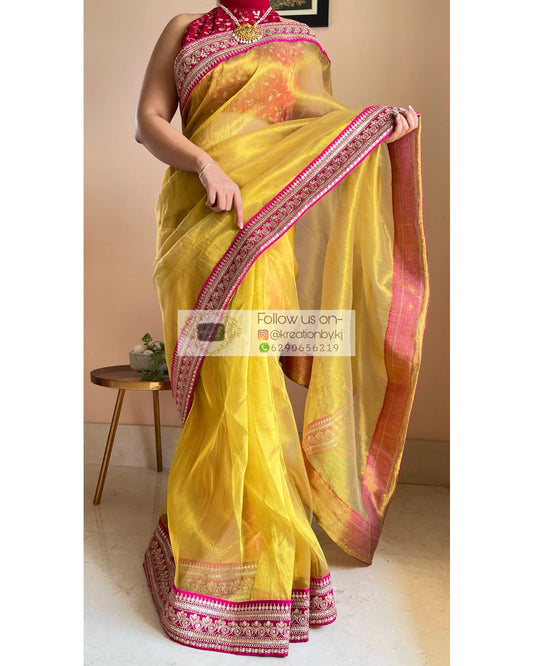 Gold Tissue Silk Saree with Fuschia Border - kreationbykj