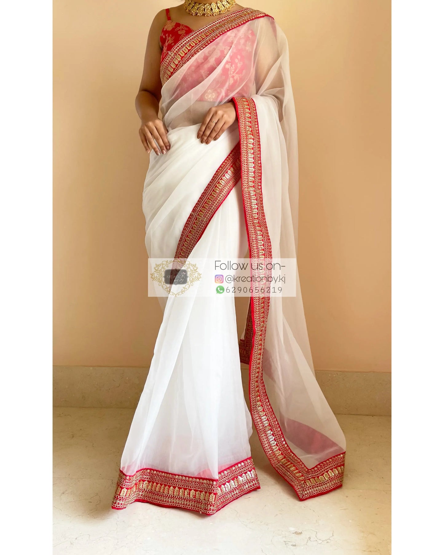 White Organza Saree with Red Border - kreationbykj