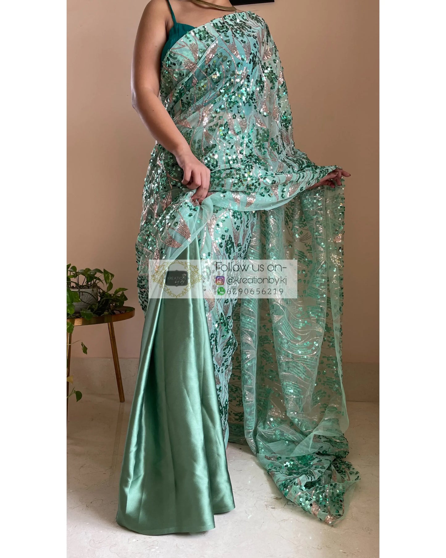 Green Mermaid Sequins Saree - kreationbykj